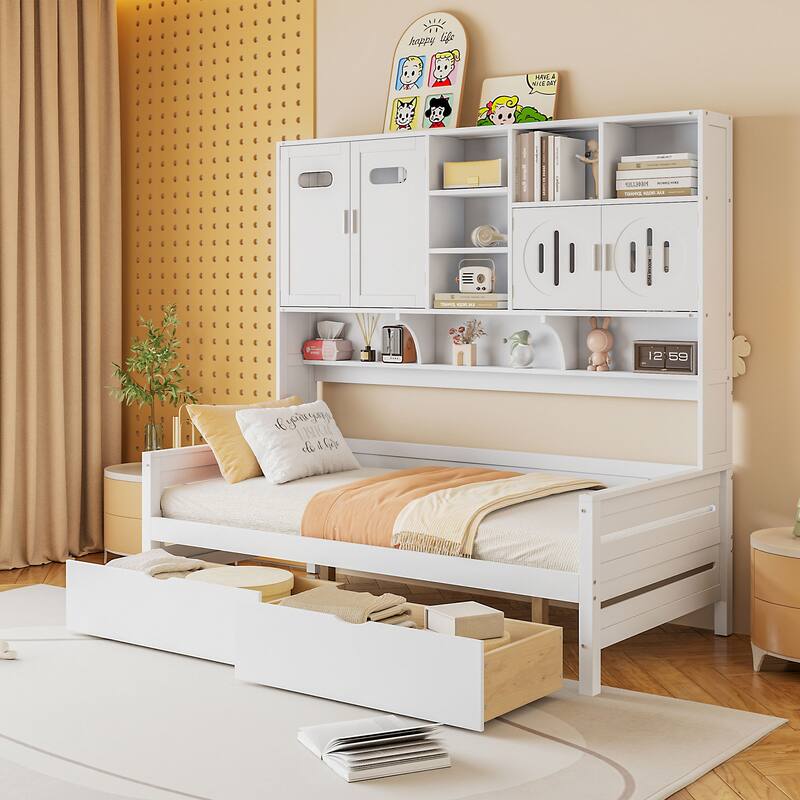 Wooden Daybed with Storage Cabinet and Smooth-Sliding Drawers for Living Room, Guest Rooms - White