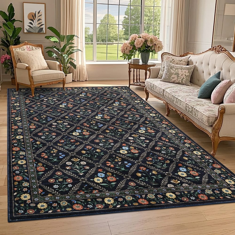 Floral Area Rugs for Living Room Bedroom Soft Farmhouse Washable Rug Non-Slip Low Pile Accent Carpet