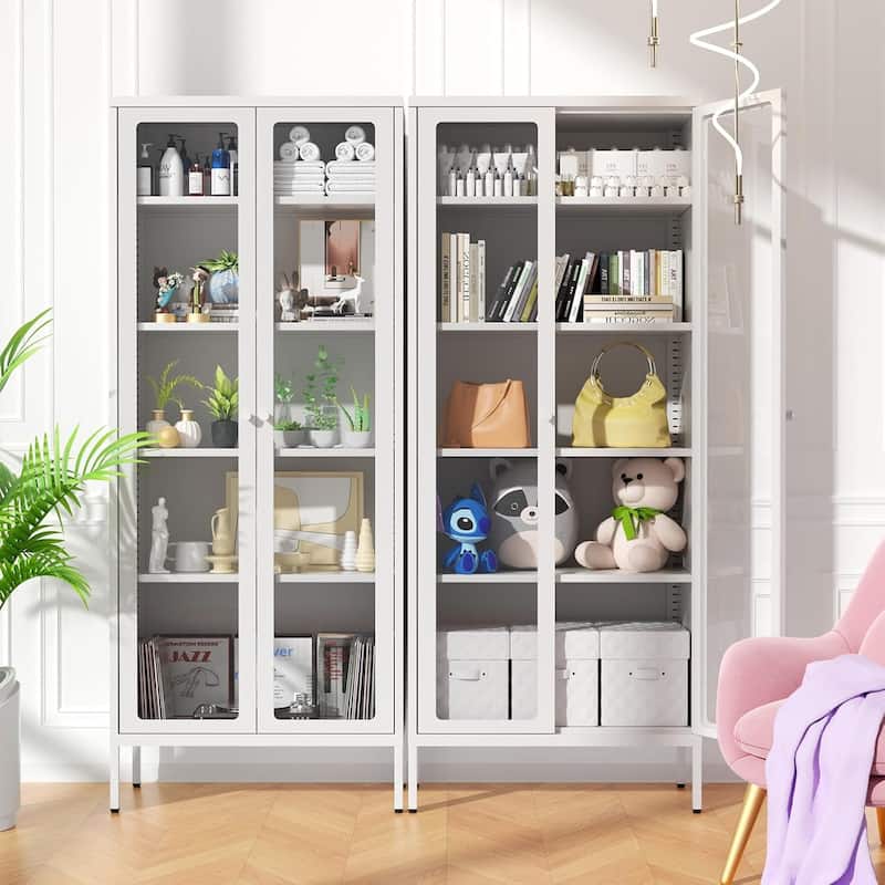 67'' Pantry Storage Cabinet Glass Display Sideboard Buffet Cabinet Curio Bookcase with Glass Doors and 4 Adjustable Shelves