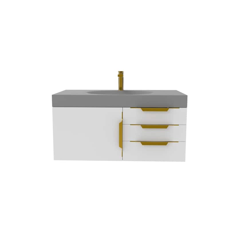 Thames 36" Shallow Basin Wall Mounted Bathroom Vanity Set w/ Gray Top - White - Gold Finish