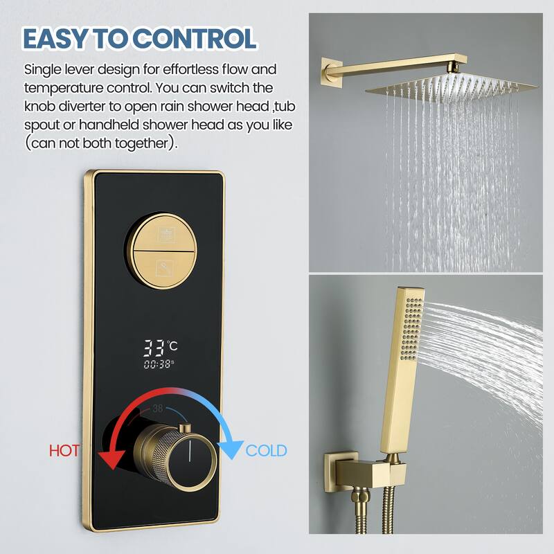 9.84" Digital Display Thermostatic Complete Shower System with Rough in-Valve, Rain Shower Head