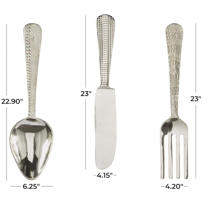 Silver Aluminum Metal Knife, Spoon and Fork Utensils Wall Decor (Set of 3)