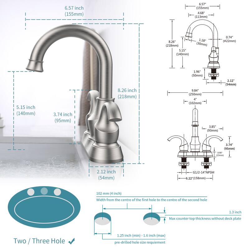 Bathroom Faucet 2-Handle Brushed，360 Degree Rotating Spout,4-inch Centerset Vanity Sink with Pop-Up Drain and Supply Hoses