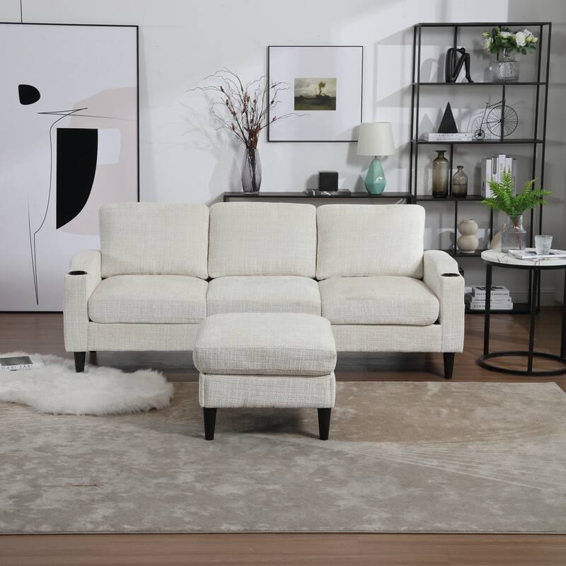 Modular Sectional Sofa with Storage Ottoman, Comfy Chenille Fabric Sofa, 3-Seater Sofa with Side Pockets & 2 Cup Holders