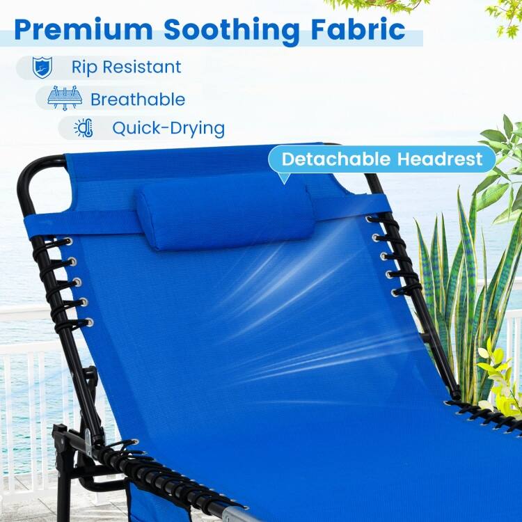 Fabric Metal Oversized Folding Patio Chaise Lounge with Adjustable Backrest, Side Pocket - 66"-74" x 27" x 16"-34" (L x W x H)