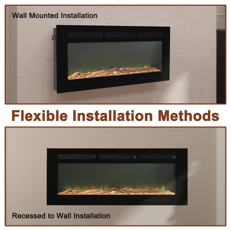 LED Recessed Electric Fireplace with 3 Top Light Colors, Remote Control, Adjustable Heating, and Touch Screen 1500W, Black