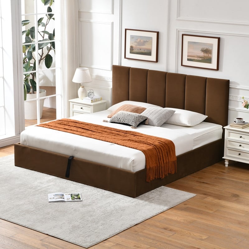 Modern Upholstered Lift-Up Storage Platform Bed with Headboard