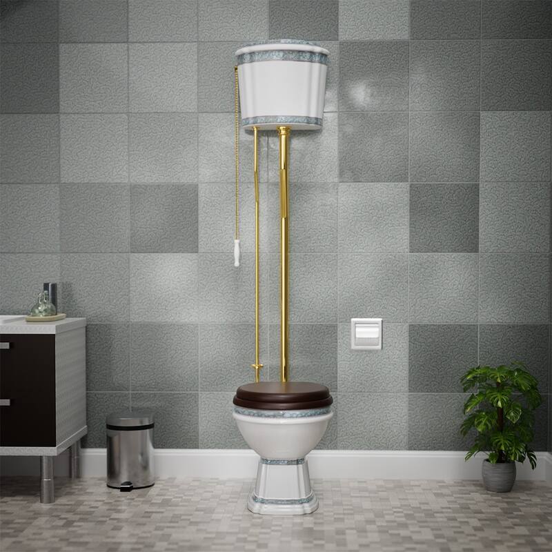 High Tank Toilet - White Ceramic Toilet Brass L Pipe and Elongated White Bowl Renovators Supply
