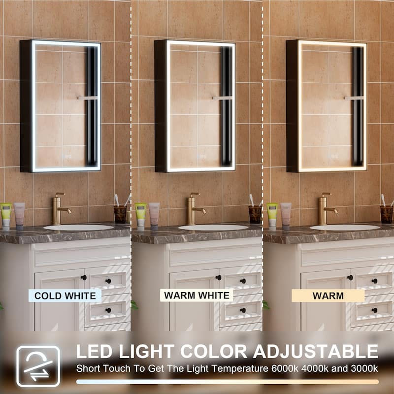 30'' H Recessed Or Surface Wall Mounted LED Mirror Cabinet With Mirror And Adjustable Shelves,Black Frame