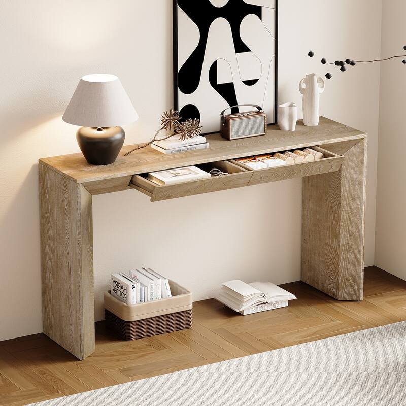 60"Modern Farmhouse Console Table with 2 Concealed Drawers,Waterfall Design Entryway Table with Thickened Legs&Rustic Wood Grain