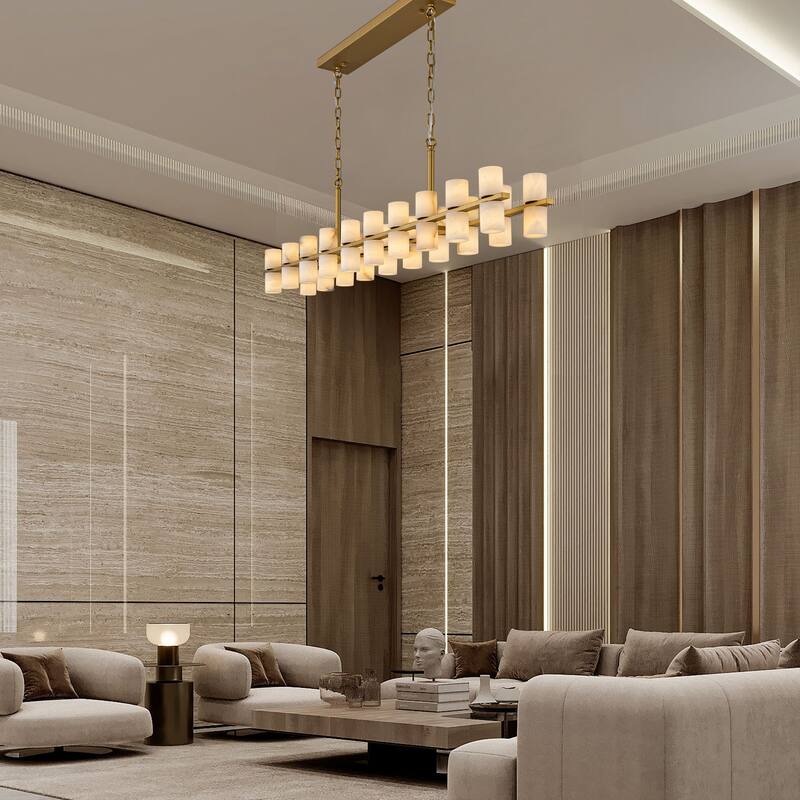 Modern Alabaster Glass Chandelier, Round or Linear Pendant Light with Up & Down Shades, D600-L1370, Copper or Black Finish