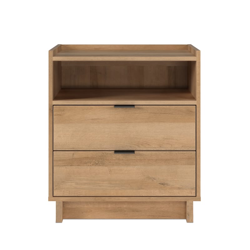 Prepac Simply Modern Nightstand Bedside Table, Natural Oak Nightstand for Bedroom, End Table with 2 Drawers and Open Shelf