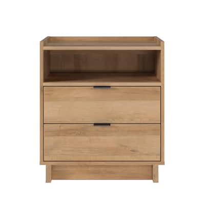 Prepac Simply Modern Nightstand Bedside Table, Natural Oak Nightstand for Bedroom, End Table with 2 Drawers and Open Shelf