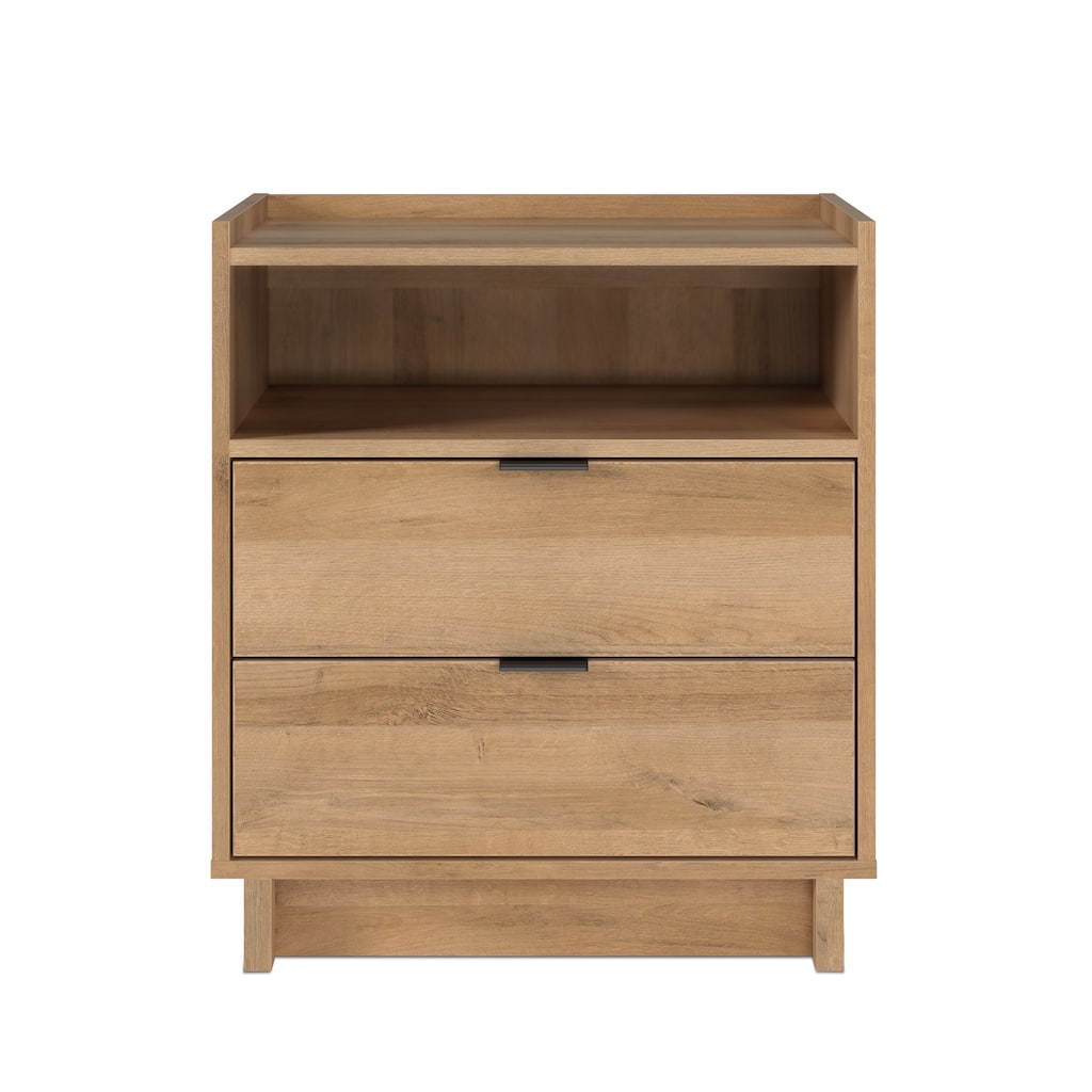 Prepac Simply Modern Nightstand Bedside Table, Natural Oak Nightstand for Bedroom, End Table with 2 Drawers and Open Shelf