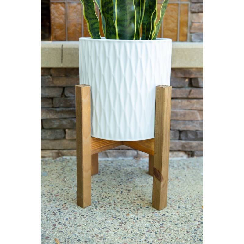 Mid-Century Set of 2 10' & 8" Ridge Ceramic Planter on Wood Stand,Matte White
