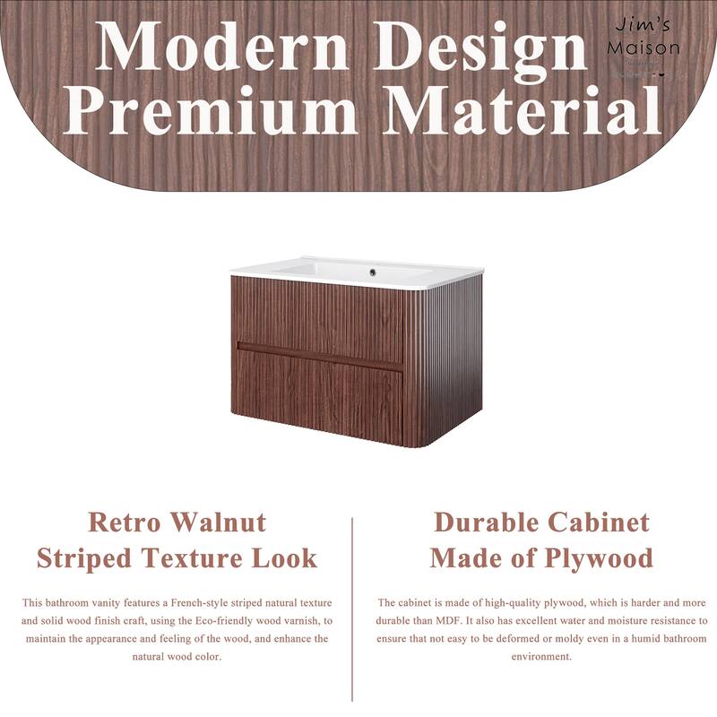 Wall-Mounted Bathroom Vanity in Walnut with Integrated White Ceramic Sink
