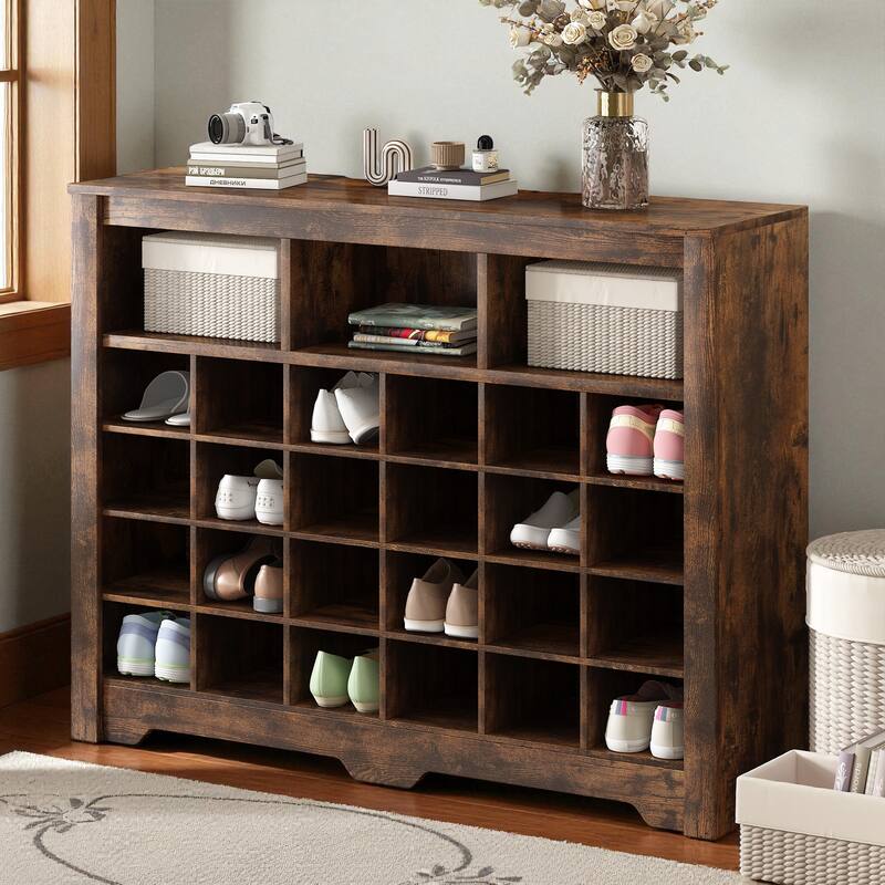 45.2" Modern 24-Cubby Shoe Storage Cabinet, Freestanding MDF Shoe Organizer Console with Curved Base for Entryway