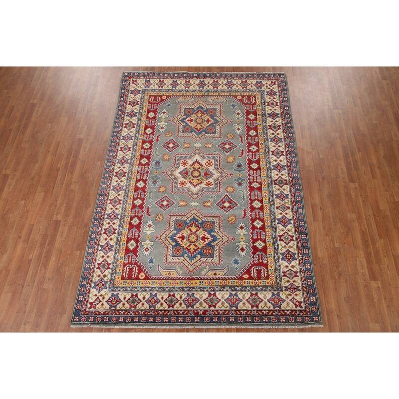 Hand Knotted Oriental 100% Wool Carpet Traditional Geometric Greys & Charcoal Kazak Area Rug - 9' 10'' X 6' 9''