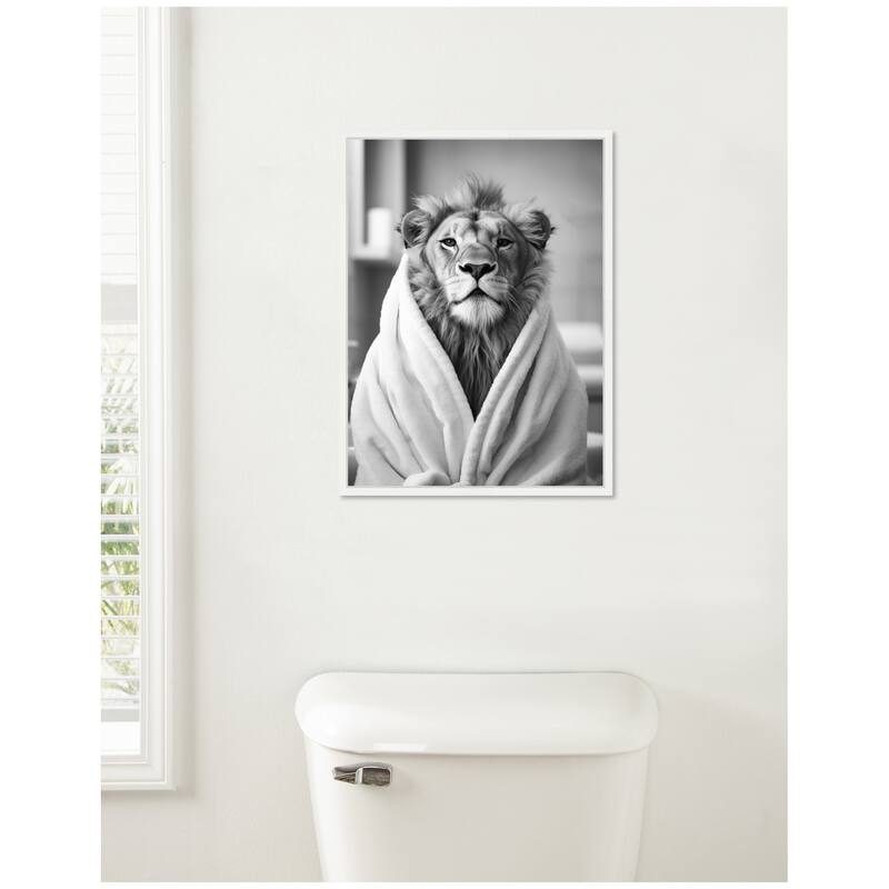 Kate and Laurel Sylvie Lion Bathroom Art Towel Robe Black and White Framed Canvas by The Creative Bunch Studio