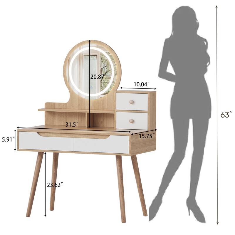 Bedroom Makeup Vanity Desk Set with Mirror and Light, Small Makeup Table Dressing Table with Solid Wood Table Legs