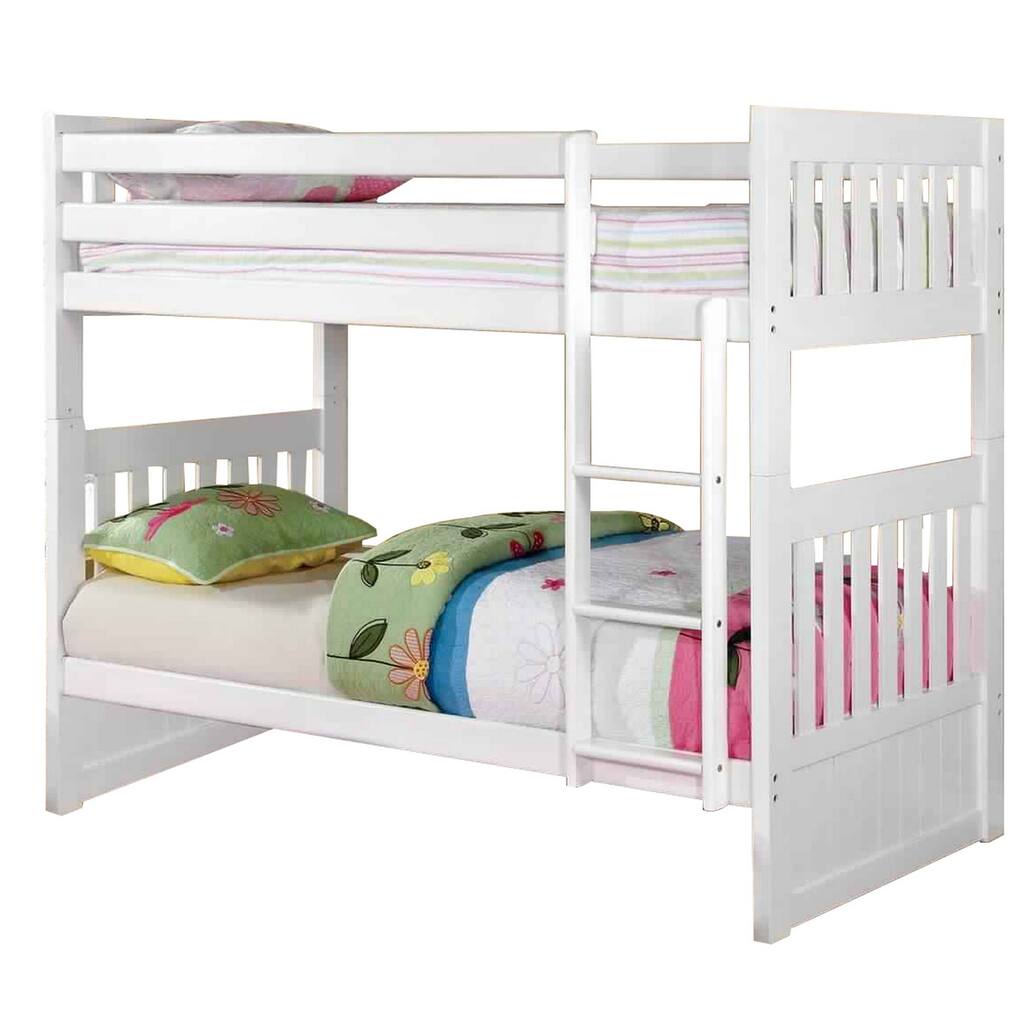 Mission Style Twin over Twin Size Bed with Angled Ladder, White