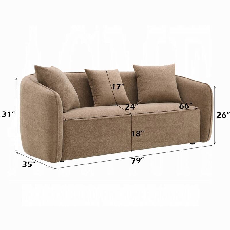 Keina Sofa, 3 Accent Pillows, Modern Soft Brown Chenille, 79 Inch