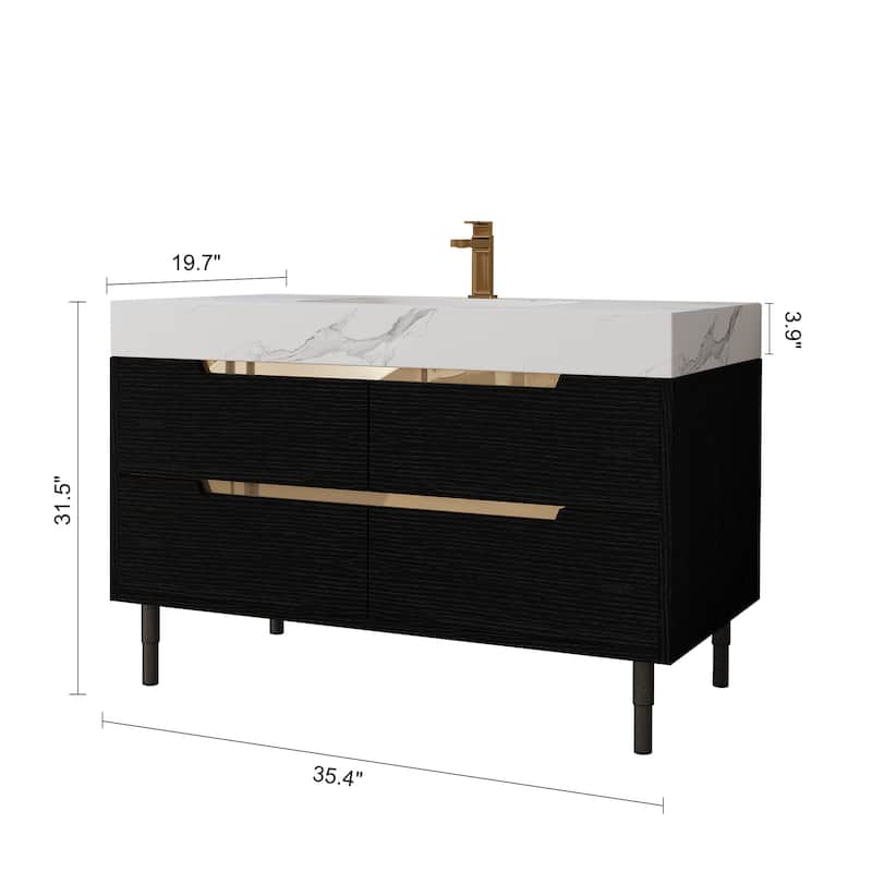 35.4" Modern Bathroom Vanity with Sintered Stone Top, Undermount Sink, 4 Drawers, Freestanding or Wall-Mounted