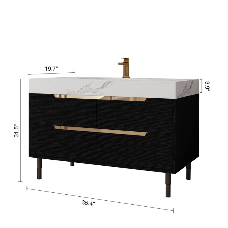 35.4" Modern Bathroom Vanity with Undermount Sink,Waterproof Multi-Layer Solid Wood,4 Drawers Storage,Free-Standing/Wall-Mounted