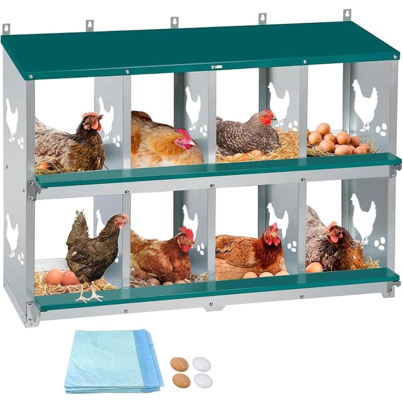 Metal Chicken Nesting Boxes for Hens with 4 Fake Eggs, 10 Soft Nest Pads - Green - Green 8 Compartments