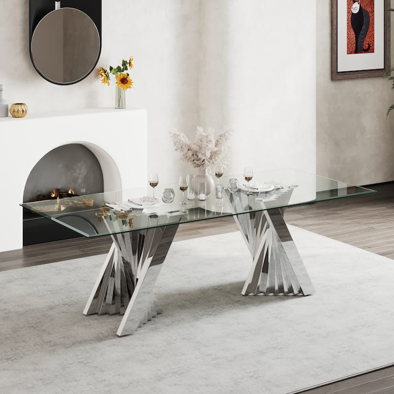 78 inch and 94 inch Glass Dinner Table Falcone Kitchen and Dining Table - Silver - 94 inch