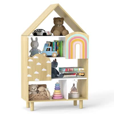 Gymax House-Shaped Kids Bookshelf 4-Tier Toy Storage Organizer w/ Open