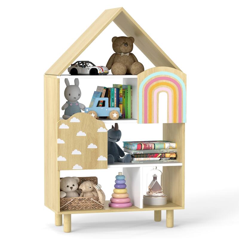 Natural Wood Kids Bookshelf House Shaped Toy Storage Organizer with Doors and Shelves - 23.5" x 12" x 40.5"