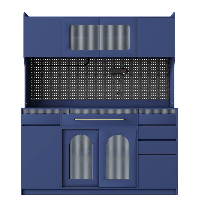 Roomfitters 63 Inch Large Kitchen Buffet with Hutch and Power Outlet, Coffee Bar Cabinet with Pegboard, Blue