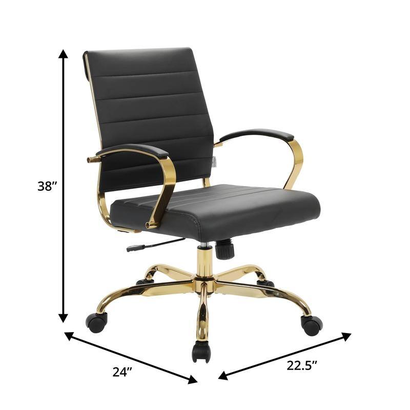 Benmar Mid-Back Leather Office Desk Chair in Gold Stainless Steel Frame Adjustable Height Tilt Lock 360 Swivel Ergonomic Chair
