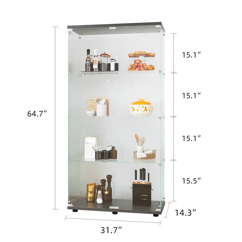 Two-door Glass Display Cabinet 4 Shelves with Door
