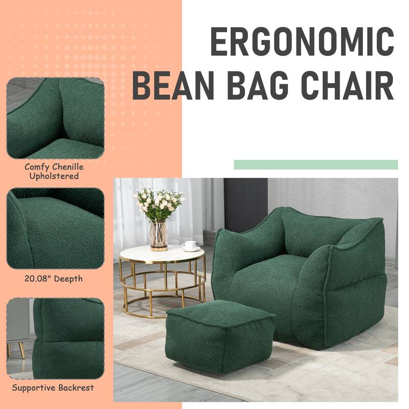 Boucle Upholstered Deep Seat Armless Square Bean Bag Chair with Ottoman