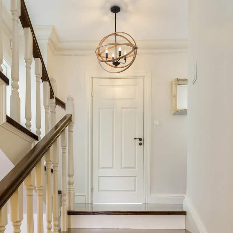 Modern Farmhouse 4-Light Globe Chandelier Wood Grain Pendant Light for Dining Room - D 21" x H 21"