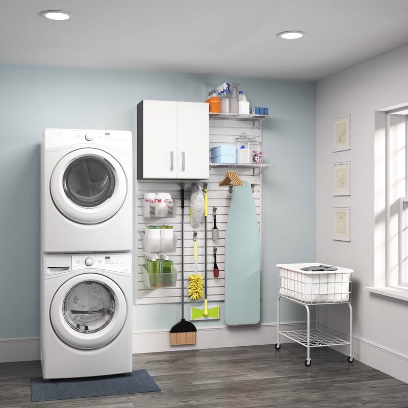17 Piece Saltwall Panel, Cabinet, Hook, Bin Storage Set - White Slat Wall/White Cabinet