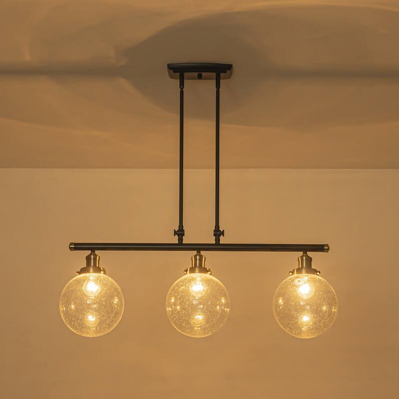 34.5" W 3-Light Industrial Black and Gold Linear Adjustable Island Pendan Light with Clear Seeded Glass Globe for Dining Room