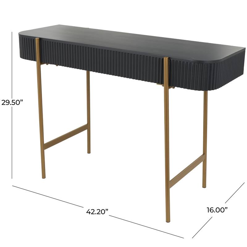 Black Wooden Rounded Rectangular Ribbed Living Room Console Table with Gold Metal Legs
