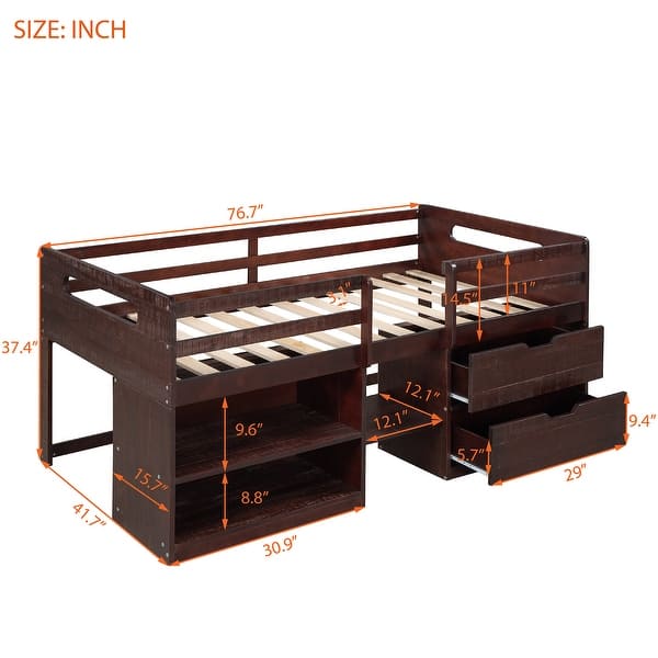 dimension image slide 0 of 3, Twin Loft Wood Bed with Shelves & Drawers - Perfect for Kids' Rooms