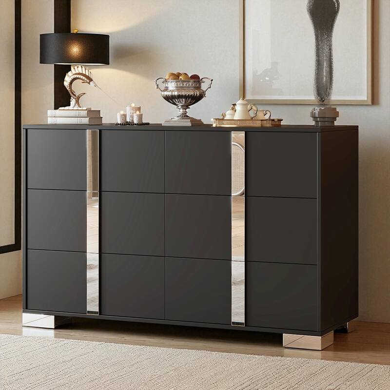 Modern 6 Drawer Dresser with Mirrored Handles and Metal Legs, MDF Storage Cabinet for Bedroom Organization - Black