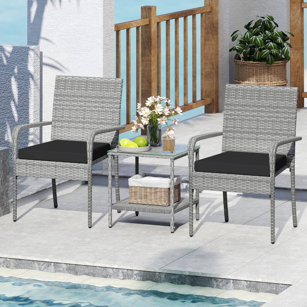Gymax 3 Pieces Patio Furniture Set PE Rattan Porch Chairs w/ 2-Tier