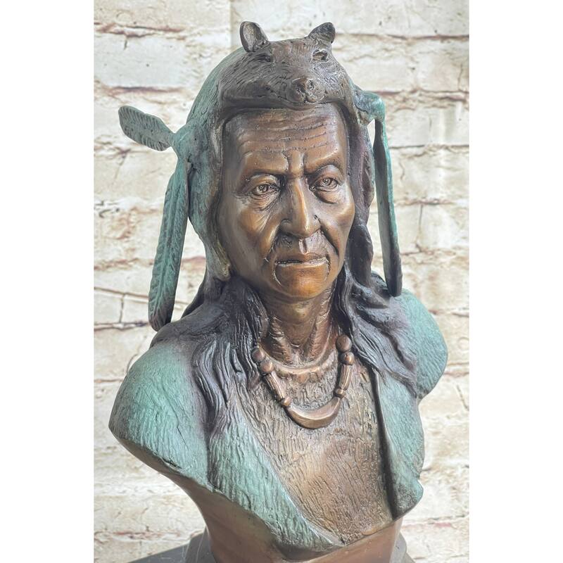 Native American Indian In Wolf Headdress Bronze Bust Statue Sculpture 14 Inches X 8 Inches