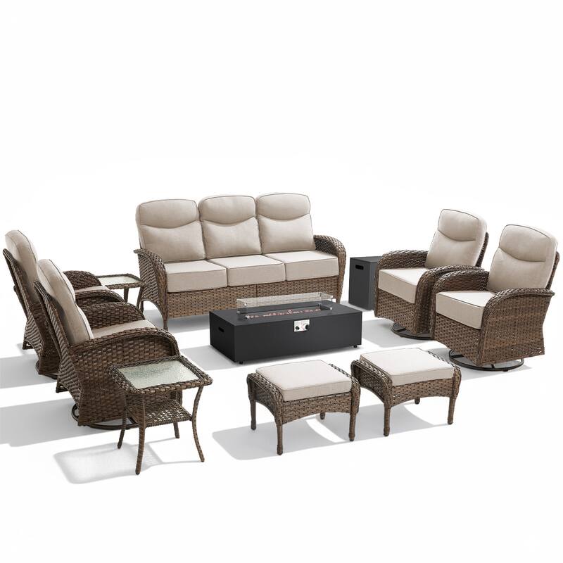 Luna 10-Piece Wicker Outdoor Patio Fire Pit Sofa Set with 6-Inch Thick Cushions