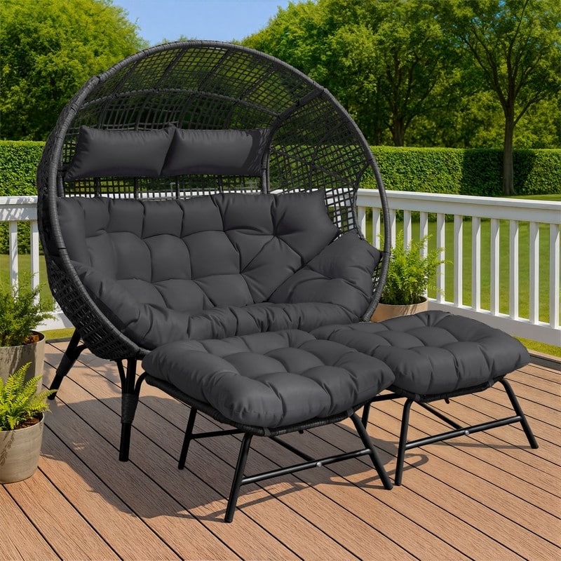 FINCATI Double Egg Chair with 2 Ottomans, 680-lb Capacity - Dark Grey
