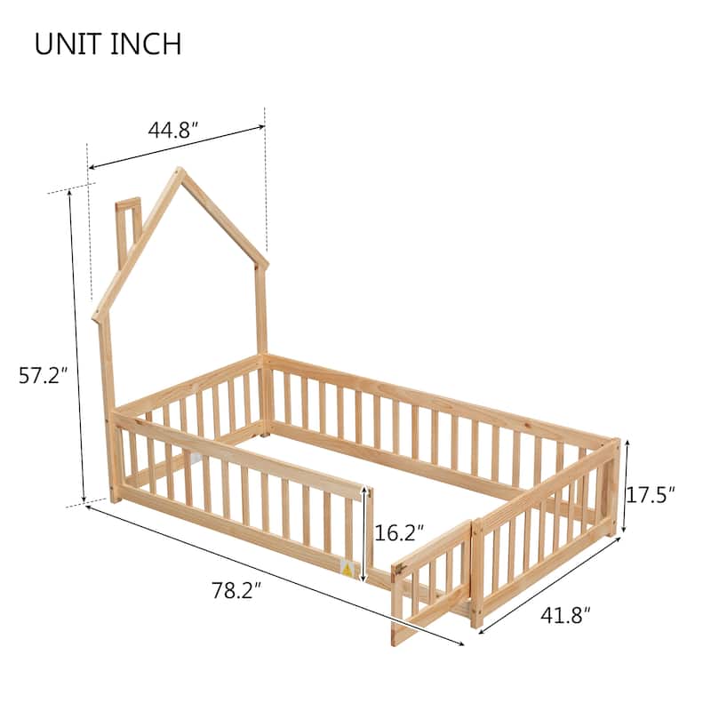 House-Style Twin Floor Bed with Fence, Pine Wood Bed Frame for Kids