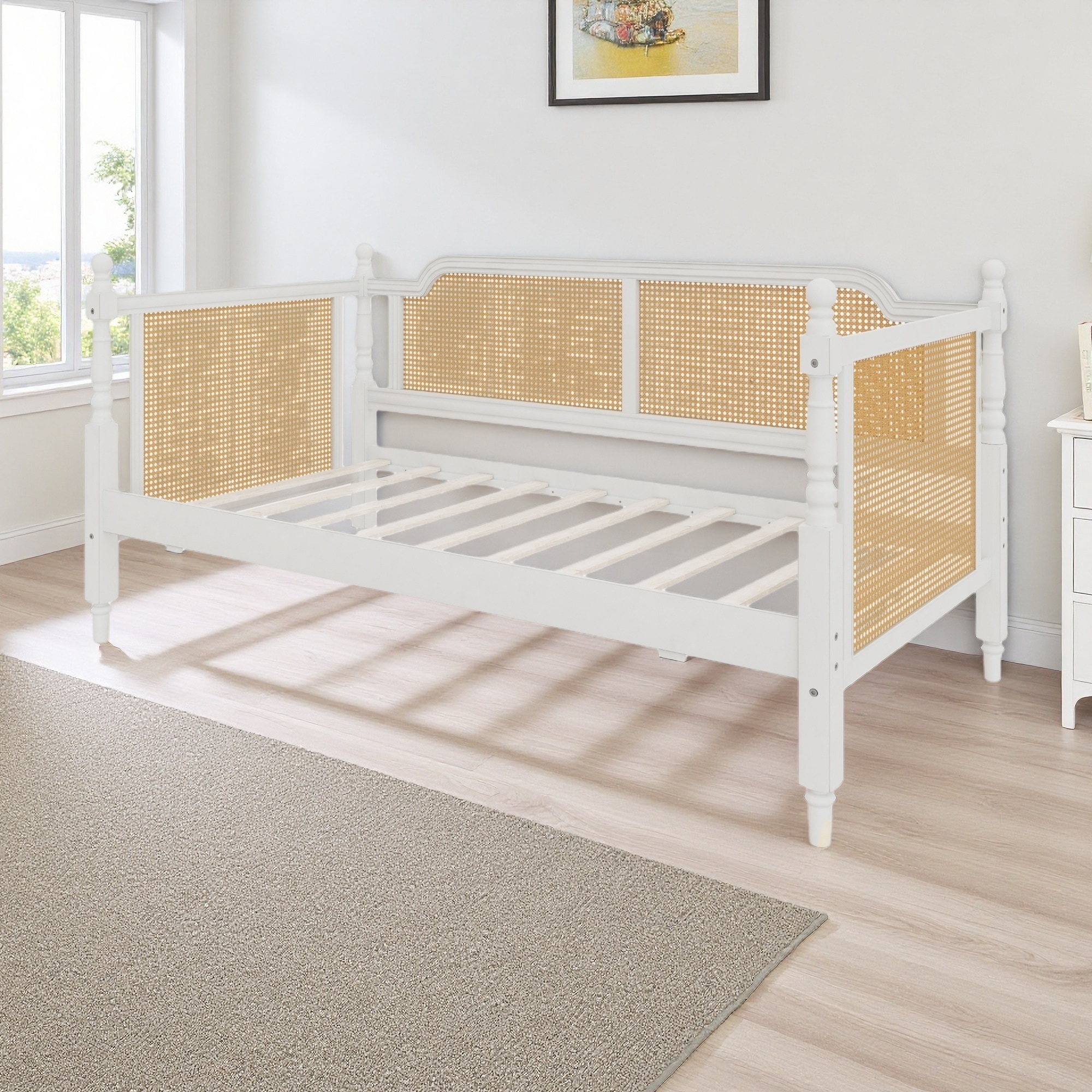 Twin Size Traditional Rattan Daybed with Twin Trundle, Solid Pine Wood Frame, Coastal Farmhouse Design, No Box Spring Needed