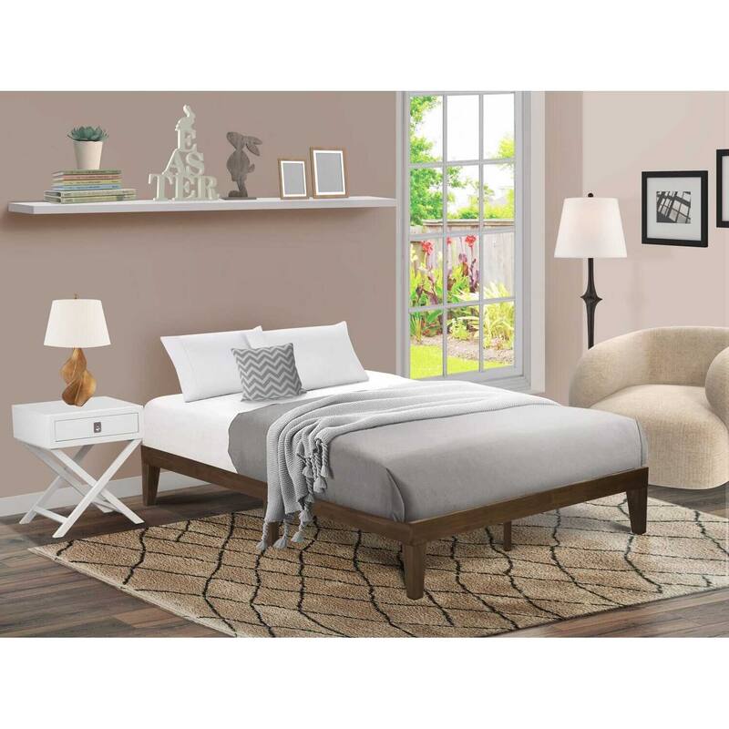 Retro Platform Bed Frame - Modern Wood Bed with Solid Legs - Mid-Century Bedroom Furniture - Walnut Finish