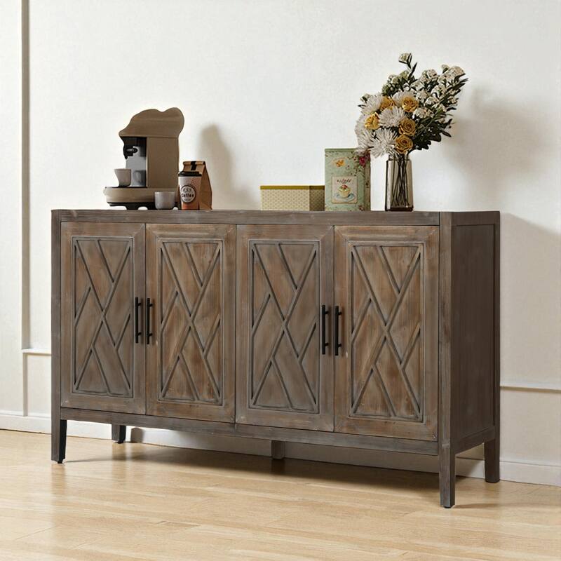 60" Farmhouse 4-Door Wood Accent Sideboard Buffet Cabinet with Adjustable Shelf for Kitchen and Entryway.